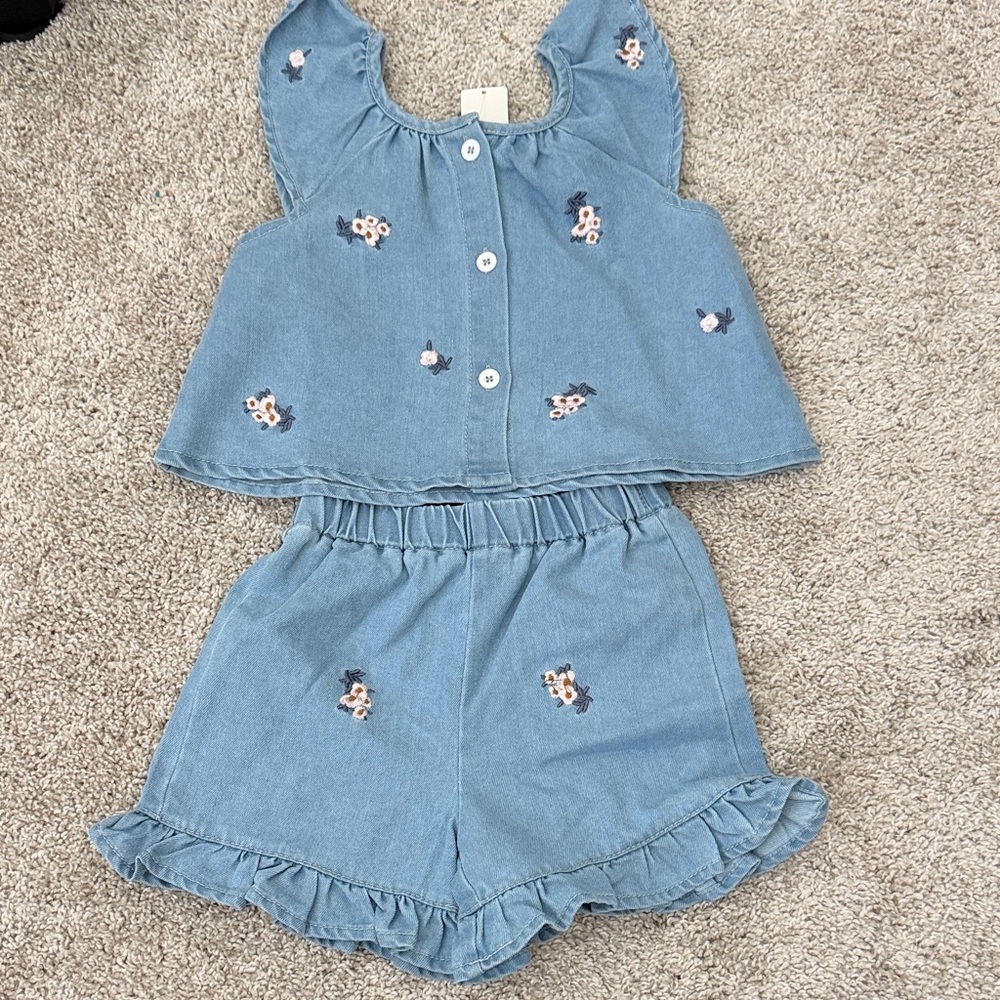 Girls Blue Embroidered Ruffle Denim Shorts Set